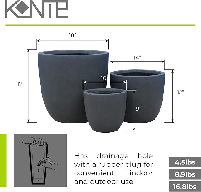 Kante 18",14",10" Dia Concrete Round Planters (Set of 3), Outdoor Indoor Large Planter Pots with Drainage Hole and Rubber Plug for Home Patio Garden, Charcoal