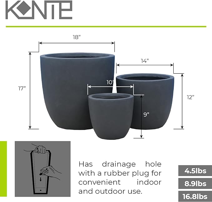 Kante 18",14",10" Dia Concrete Round Planters (Set of 3), Outdoor Indoor Large Planter Pots with Drainage Hole and Rubber Plug for Home Patio Garden, Charcoal