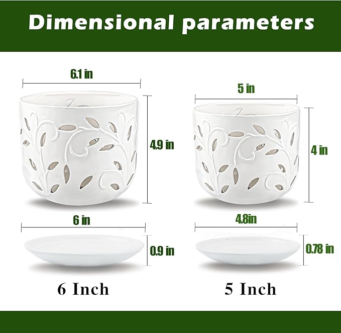 KERUITA Orchid Pots with Holes,6 inch + 5 inch Ceramic Planters Set of 2 with 2 Bottom Tray, Enhanced Drainage and Ventilation,White Flower Pots for Indoor/Outdoor Plants for Repotting