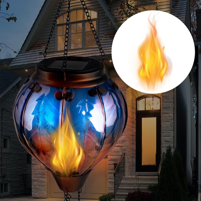 Hot Air Balloon Solar Lantern with Flickering Flame Hanging Solar Lanterns Outdoor Lights Waterproof Lanterns Decorative Garden Patio Yard Party Decor Blue