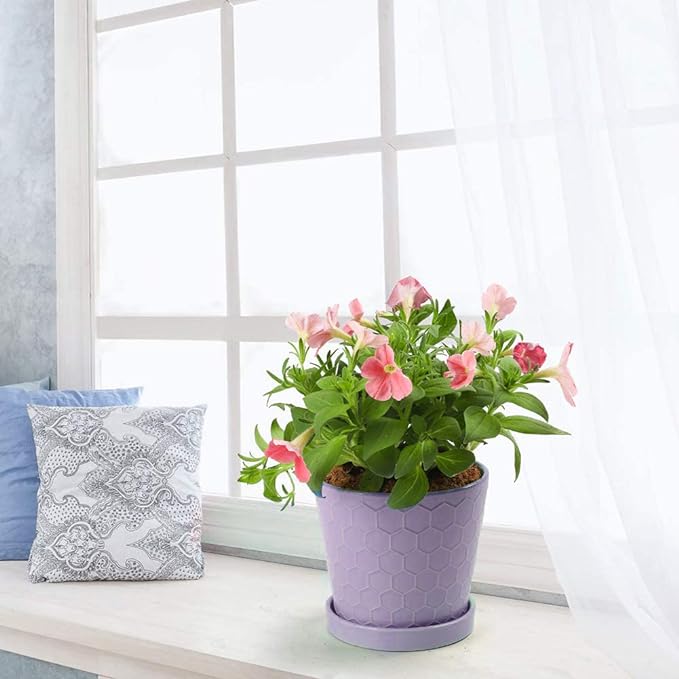 EFISPSS Flower Planter –5 inch Ceramic Plant Pots with Drainage Holes and Ceramic Tray - Gardening Home Desktop Office Windowsill Decoration Gift Set of 4 - Purple