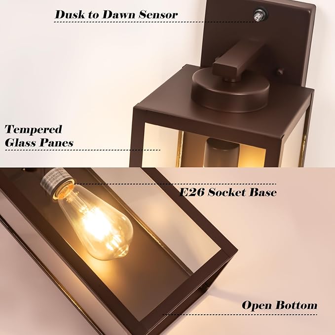 16-inch Oil-Rubbed Bronze Dusk to Dawn Outdoor Wall Light Fixtures, Exterior Waterproof Wall Lanterns, Brown Porch Sconces Lighting, Modern Outside Lights for House Patio Front Door Entryway, 2-Packs