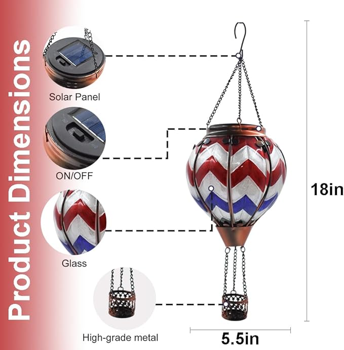 Hot Air Balloon Solar Lantern with Flickering Flame, Glass Hanging Garden Lights Outdoor Waterproof for Tree Yard Patio Mother's Day Gift, 18" H Wavy-Blue Red White