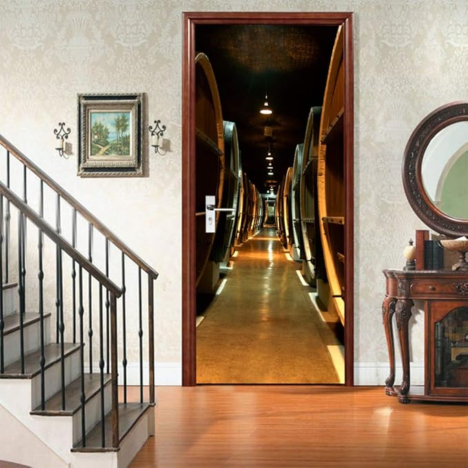 3D Door Stickers - Murals & Decals - Wine Cellar Theme - Removable, Waterproof PVC - Bedroom & Living Room - 37.4" x 82.7"