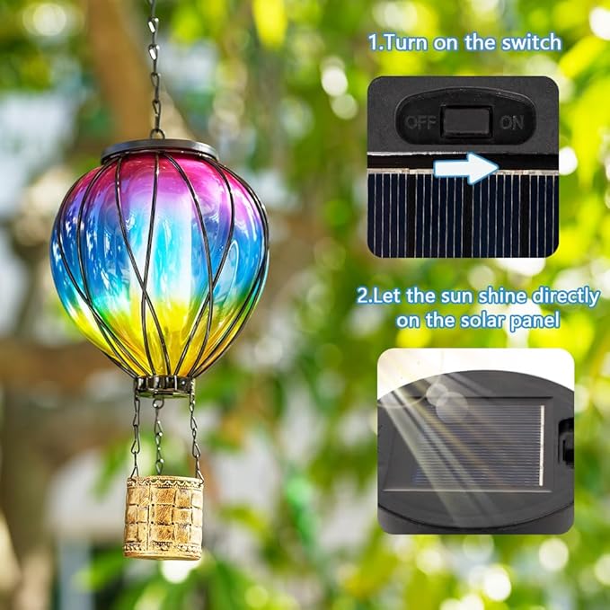 Hot Air Balloon Solar Lantern, 2 Pcs Solar Hot Air Balloon with Flickering Flame, Hanging Outdoor Lantern Waterproof Decor for Patio, Garden, Porch