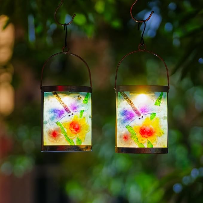 2 Pack Dragonfly Hanging Solar Lanterns Outdoor Waterproof Decorative Glass LED Solar Lantern for Tabletop Garden Patio Decor