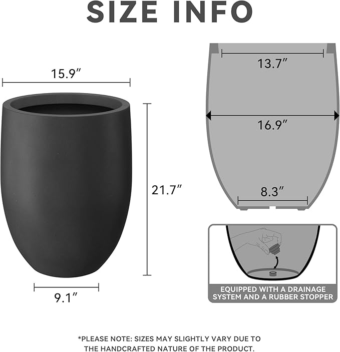 Kante 21.7" H Natural Concrete Tall Planter, Large Outdoor Indoor Decorative Pot with Drainage Hole and Rubber Plug, Modern Round Taper Style for Home and Patio Burnished Black