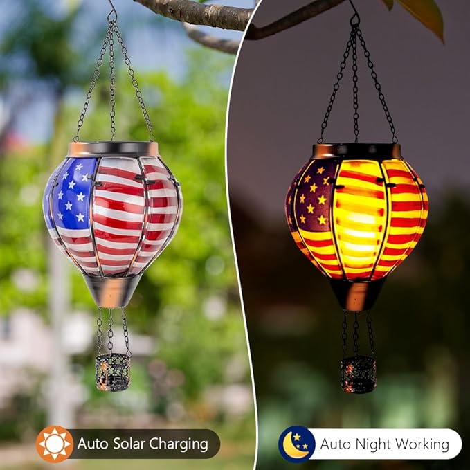 2PCS Flag Solar Hot Air Balloon Lantern with Flame Flickering Light,Glass Hot Air Balloon Solar Lanterns Outdoor Waterproof,Hanging Outdoor Light for Patio Yard Garden Birthday Gifts for Women