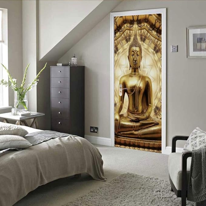 3D Door Stickers - Buddha Statue - Peel & Stick - Waterproof & Washable - Matt Finish - 35.4" x 78.7"