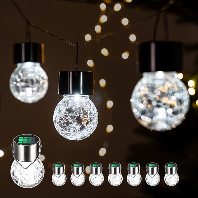 GIGALUMI 8 Pack Solar Hanging Lights, Christmas Decoration Lights with Multi-Color Changing Cracked Glass Hanging Ball Solar Outdoor Lights Waterproof Solar Lanterns for Garden, Yard, Patio, Lawn