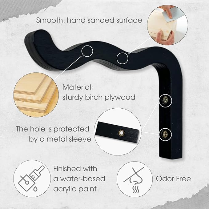 2-Piece Set of Wavy Wooden Wall Planters for Indoor Plants 6 Inch - Natural Plant Hook for Wall Plant, Wind Chimes, Flower Brackets, Patio Garden Decorations - Bracket Plant Hanger (Black)