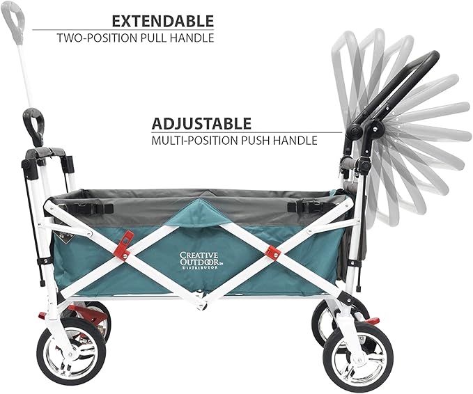Creative Outdoor Wagon, Push and Pull Double Stroller for Toddlers & Kids with Removable Canopy and Seat Belt Harnesses, Collapsible Folding Garden Cart, Adjustable Handle, Beach Wagon (Teal)