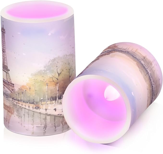 Flickering Flameless Candles, Eiffel Tower Lake LED Candles with Remote Timer, Set of 2 Battery Operated Candle for Valentine Wedding Birthday