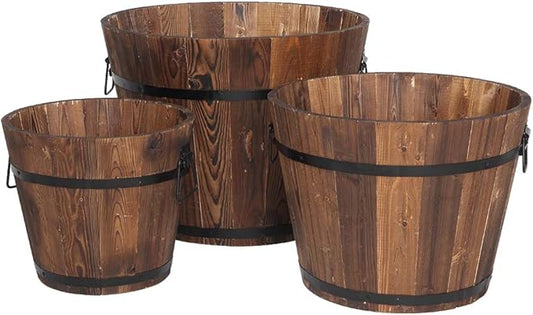 3 Pcs Wooden Planter Barrel Set, Outdoor Flower Pots with Handle & Drainage Holes, Rustic Whiskey Barrel Planter for Plants, Herbs, Veggies, Indoor Outdoor Use