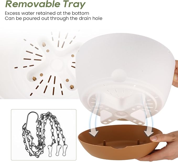 10 Inch Hanging Planter, 2 Pack Hanging Plant Self Watering Pot with Drainage Holes and Saucers, Hanging Baskets Flower Pots with Macrame Rope Hangers for Garden Home -White