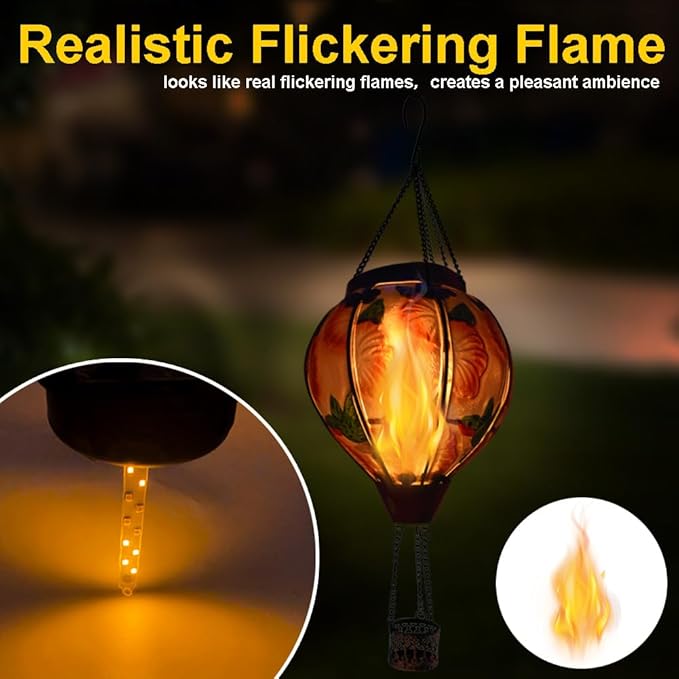 2PC Hot Air Balloon Solar Lantern with 2PC Shepherd Hook, Flickering Flame Hanging Solar Lanterns Outdoor Lights Waterproof Lanterns for Garden Patio Yard Party Decor (Hummingbirds & Flowers)