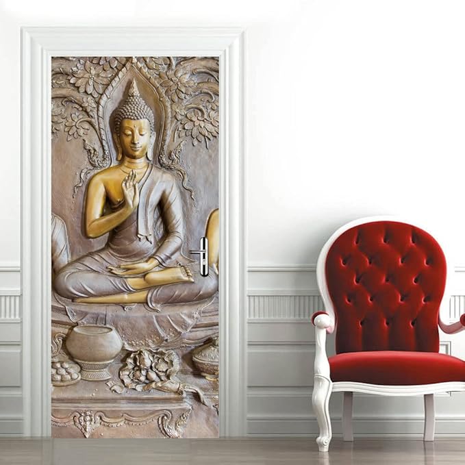 3D Door Stickers - Buddha Statue - Peel & Stick - Waterproof & Washable - Matt Finish - 31.5" x 78.7" - 2 Pieces