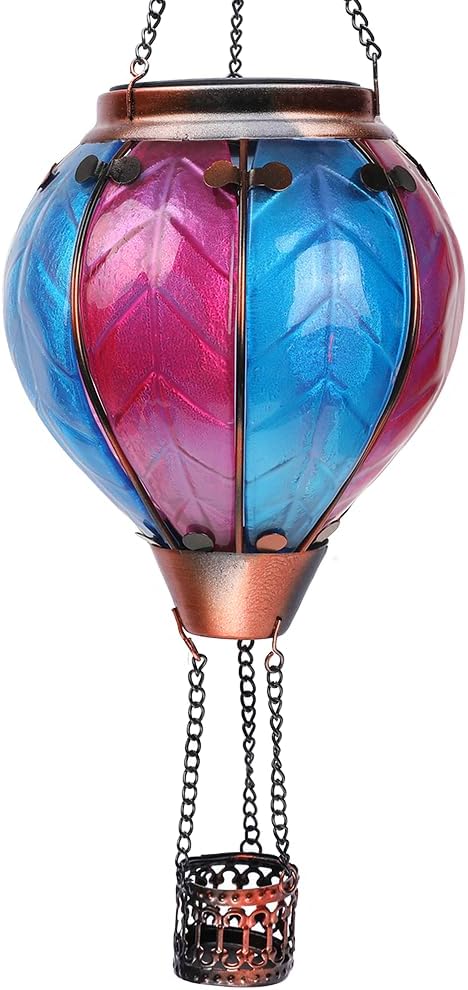 Hot Air Balloon Solar Lantern with Flickering Flame Hanging Solar Lanterns Outdoor Lights Waterproof Lanterns Decorative Garden Patio Yard Party Decor Colorful + Rose Red&Blue