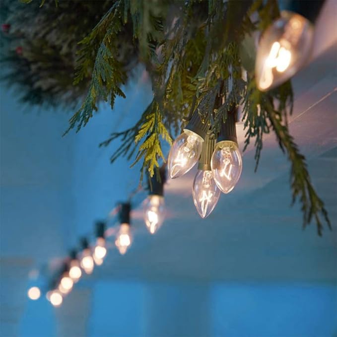 C7 Christmas Lights, 25Ft Outdoor Christmas String Lights with 27 Clear Warm White Incandescent Bulbs, Hanging Vintage Christmas Decorations Light for Roofline House Garden Patio Backyard Party Green