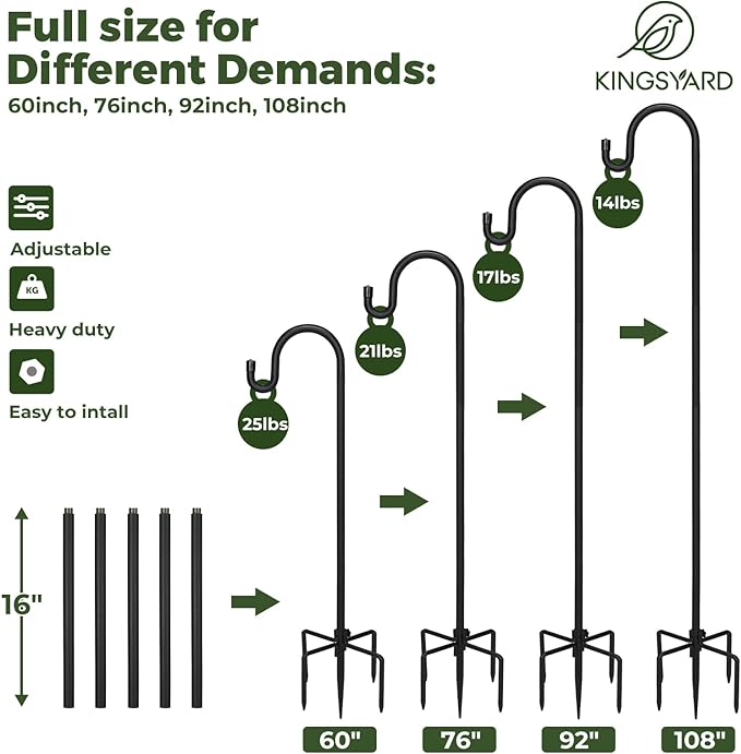 Kingsyard Adjustable Shepherd Hooks for Outdoor - 60 INCH Heavy Duty Bird Feeder Pole with 5 Prong Base, Hummingbird Feeder Stand, Garden Plant Baskets, Weddings Decor, Solar Light Lanterns