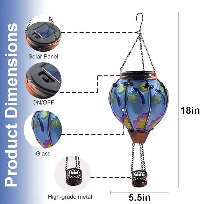 Hot Air Balloon Solar Lantern with Flickering Flame, Glass Hanging Garden Lights Outdoor Waterproof for Tree Yard Patio Mother's Day Gift, 18" H Dragonfly
