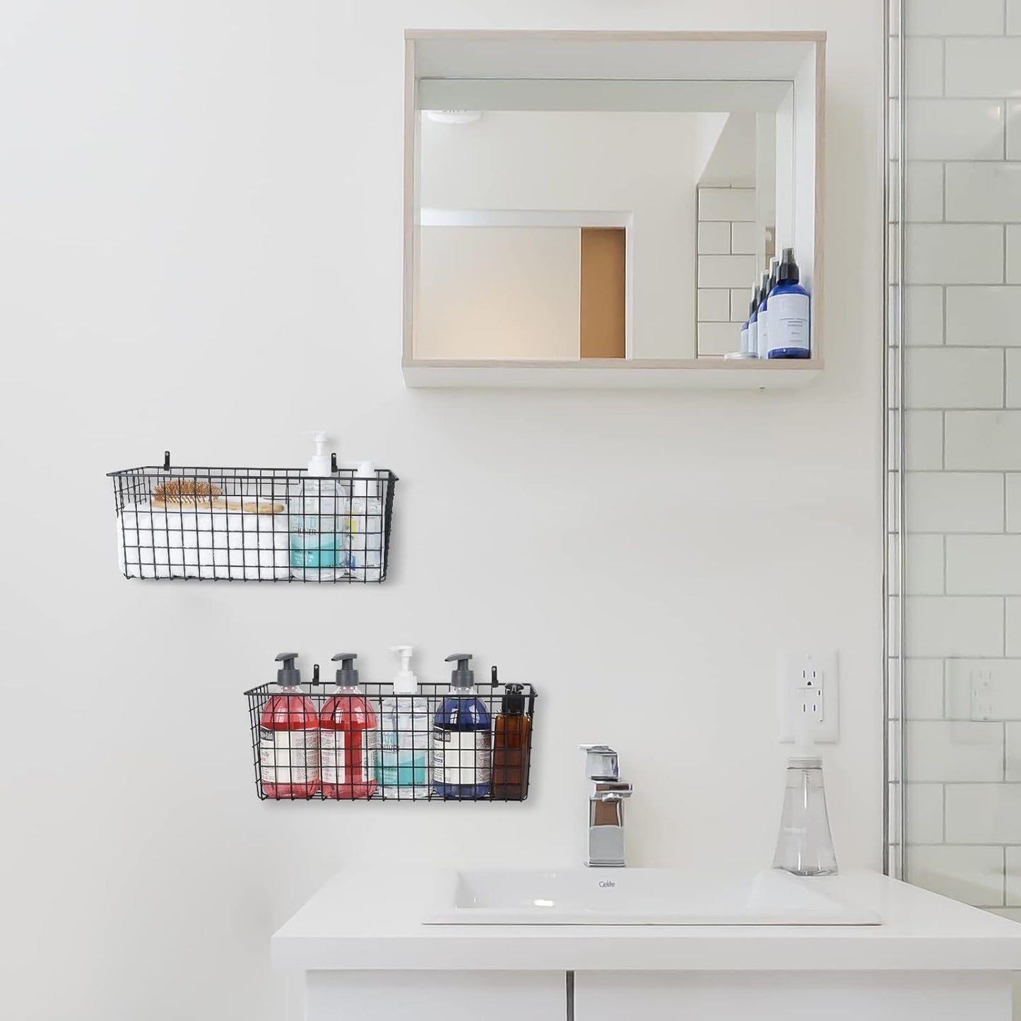 2 Sets Extra Large Hanging Wall Basket, Black Metal Wire Baskets with Steel Hooks for Organizing, WallmountedFruit Vegetable Toy Snack Storage, Home Kitchen Bathroom Laundry Pantry Organizer