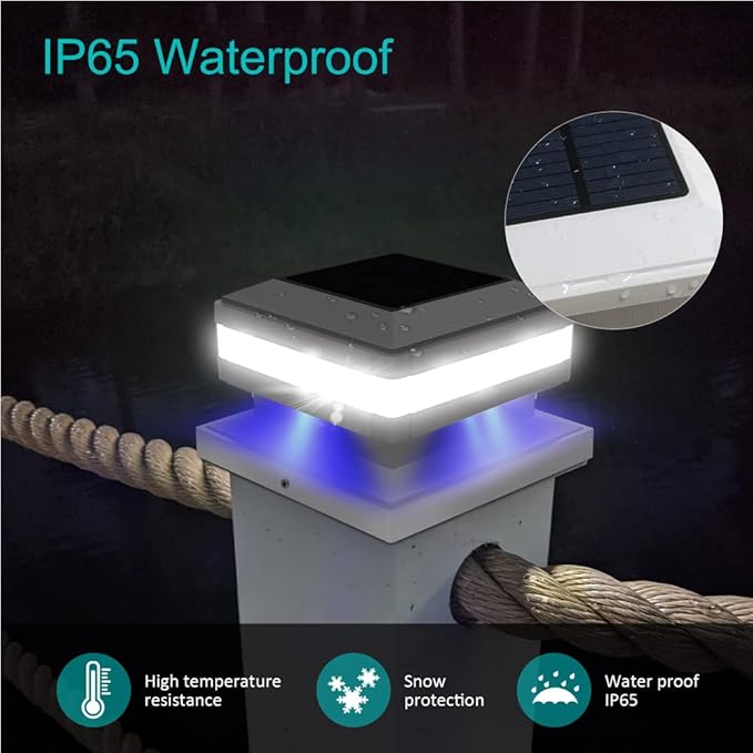 Sumaote Solar Post Lights, 52 LED 160LM 6x6 Solar Post Cap Light Outdoor IP65 Waterproof for 4x4, 6x6 Wooden Posts, Fence Deck 6000K White Lighting for Garden Patio Decor, 2 Pack