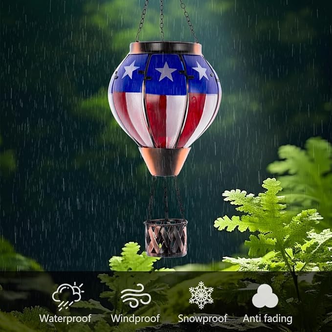 Hot Air Balloon Outdoor Lantern with Flickering Flame, Handmade Glass Solar Lantern with Flag Pattern Waterproof Lantern Lamp for Patio, Garden, Porch