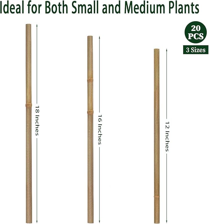 Plant Stakes,16 Inches Natural Garden Bamboo Sticks,BOVITRO 20Pcs Plant Support Stakes for Tomatoes,Beans,Vegetable and Potted Plants