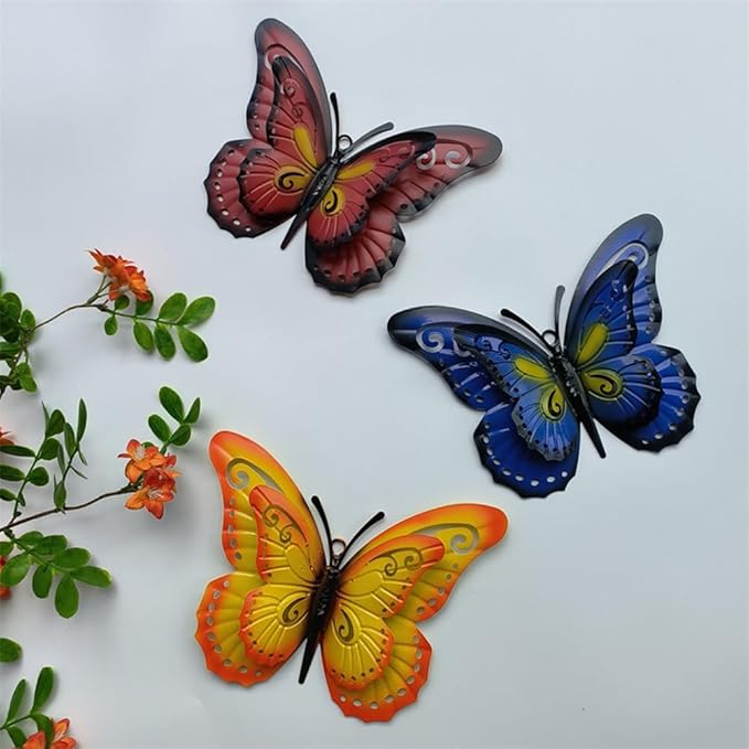 3 Pcs Metal Butterfly Wall Decor, Colorful Animal Wall Panel - Perfect Home Decor Accent with Yellow, Red, and Blue Butterfly (Butterfly)
