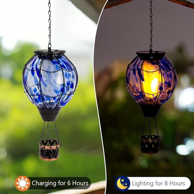 2PCS Solar Hot Air Balloon Lantern with Flickering Flame,Blue Glass Hot Air Balloon Solar Lanterns Outdoor Waterproof Hanging Decorative Light for Patio Porch Yard,Garden Gifts for Women