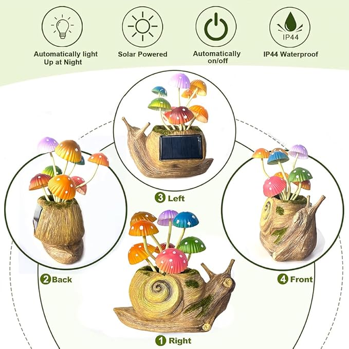 1 Pack Solar Garden Mushroom Snail Statue Gift, Solar Outdoor Sculpture Outdoor Patio Art, Porch Deck Balcony Front Garden Decoration, Unique House Warming Gift