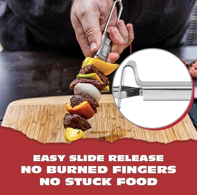 BBQ-AID Premium Barbecue Metal Skewers for Kabobs with Quick Release - Double Pronged, Stainless Steel Metal Skewer for Grilling - Shish Kabob Sticks, Veggies & More