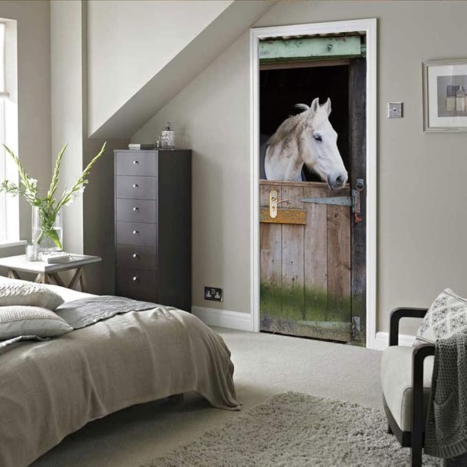 Horse 3D Door Stickers Murals - Peel & Stick - Waterproof & Washable - Matt Finish - Rustic Style - Animal Print - Adults - Door & Wall - 37.4" x 78.7"