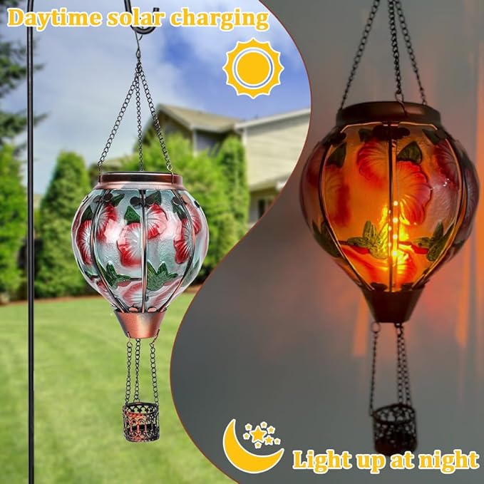 2PCS Solar Hot Air Balloon Flickering Flame Hanging Garden Light with Shepherd's Hooks, Waterproof Glass Outdoor Lantern for Yard Patio, Mother's Day Gift, 18" H Hummingbird & Flower