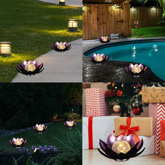 12 inches Solar Lights Outdoor Garden, Crackle Globe Glass Lotus Decoration, Waterproof LED Metal Flower Lights for Patio,Lawn,Walkway,Tabletop,Ground Gardening Gifts (Purple)