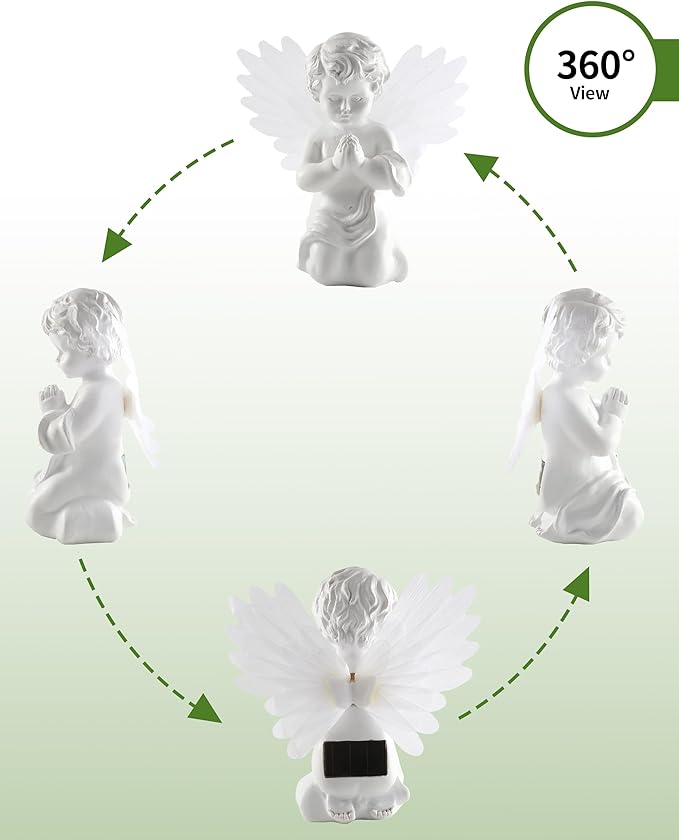 iStatue Solar Praying Cherub Angel Light with Fibre Optic Wings - 7.1'' Sympathy Remembrance Memorial Gift for Grave Ornaments Garden Decor (Kneeling Angel)