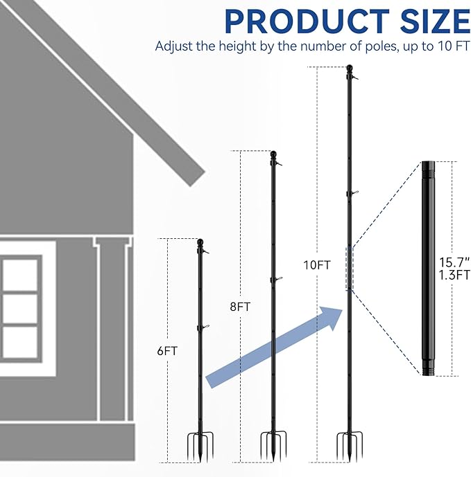 ZMTECH 10 FT Flag Pole with American Flag in Ground, Extra Thick Flag Pole Kit for Yard,Windproof Ground Flag Poles for Outside House Residential or Commercial（1 PACK）