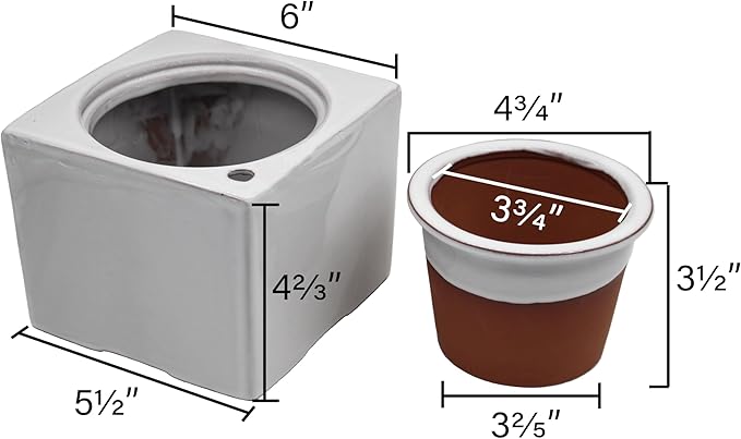 2-Pack Ceramic African Violet Self Watering Pot 6 Inch Square Pot 3.5 Inch Innter Pot Easy Fill Water Reservoir White