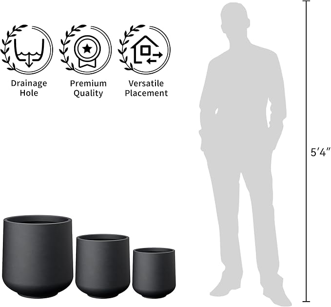 Kante 15.3" Dia Round Concrete Planter, Outdoor Indoor Large Plant Pots Containers with Drainage Hole and Rubber Plug for Home Garden Patio, Black