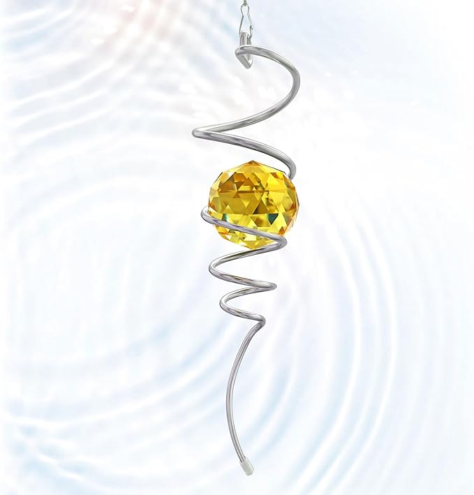 Gazing Ball Spiral Tail, Wind Spinner Stabilizer, Sun Catcher Metal Decor with Golden Crystal Glass Ball & Swivel Hook, Indoor Outdoor Decoration Garden Art Ornament Decorative Gifts 13 inch