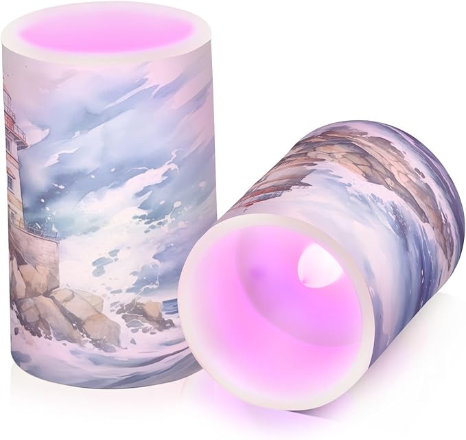 Flickering Flameless Candles, Lighthouse Ocean LED Candles with Remote Timer, Set of 2 Battery Operated Candle for Valentine Wedding Birthday