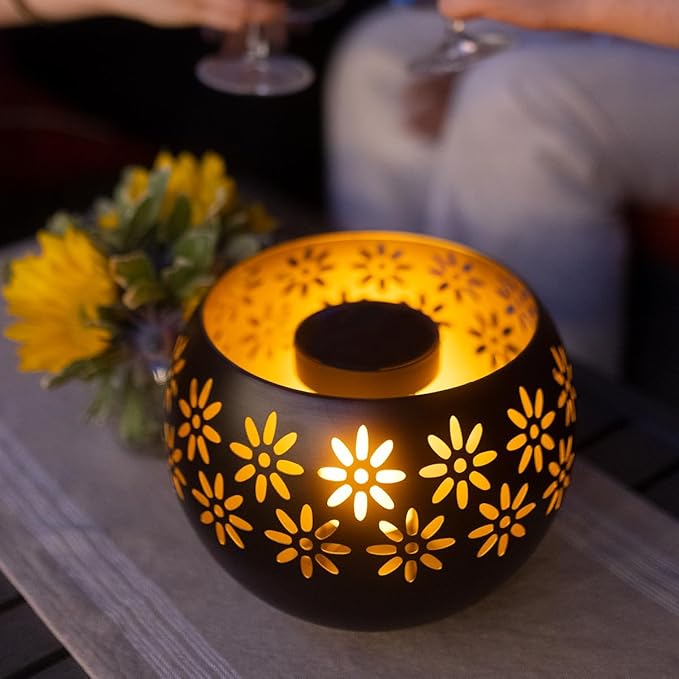 Original Solar Fire Bowl 8” (1-Pack) – Decorative Metal Solar Patio Light with Flickering Flame, Waterproof Dusk-to-Dawn Garden Lantern in Matte Black