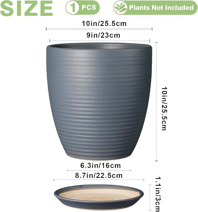 10 Inch Ceramic Planter Round Plant Pots for Plants Indoor Outdoor Glaze Large Flower Pot with Drainage Hole and Saucer Gray