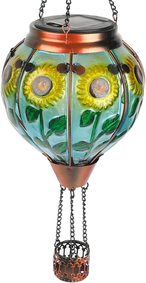 Hot Air Balloon Solar Lantern with Flickering Flame, Glass Hanging Garden Lights Outdoor Waterproof for Tree Yard Patio Mother's Day Gift, 18" H Sunflower