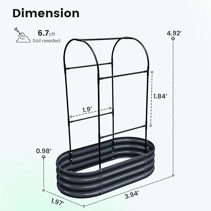 KING BIRD Raised Garden Bed with Arched Trellis Galvanized Planter Garden Box Outdoor for Gardening, Climbing Vegetables, Flowers 3.94x1.97x0.98 Ft, Dark Grey
