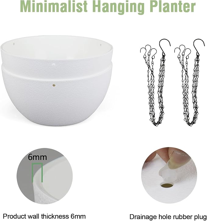 10 inch Hanging Planters for Indoor Outdoor Plants, 2 Pack Hanging Flower Pots with Drainage Holes and Chain for Garden Balcony Porch, Round Plastic Hanging Baskets for House Plants, White