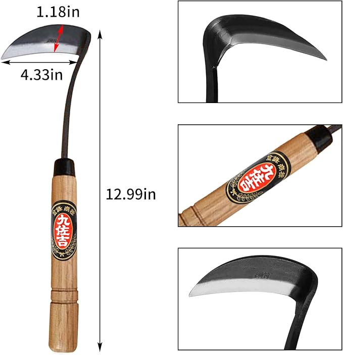 Kana Hoe 217 Japanese Garden Tool - Hand Hoe/Sickle is Perfect for Weeding and Cultivating,Solid Wood Handle for Gardening Tools