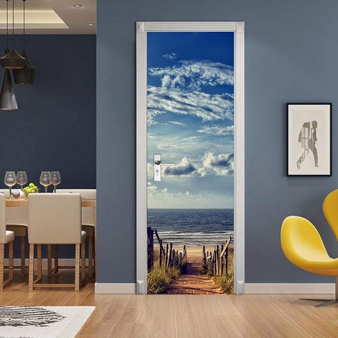 3D Door Wallpaper Self-Adhesive Door Poster - Road to The Beach - Door Film Photo Wallpaper Premium PVC Waterproof Door Sticker Wall Sticker for Bedroom Living Room Door Decoration Stickers 88 x 200