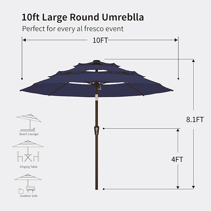 Kingdura 10ft 3-Tier Patio Umbrella, Outdoor Table Umbrella with Easy Crank & Tilt, 8 Reinforced Ribs, UV Protection for Deck, Pool, Market, Backyard (Navy blue)